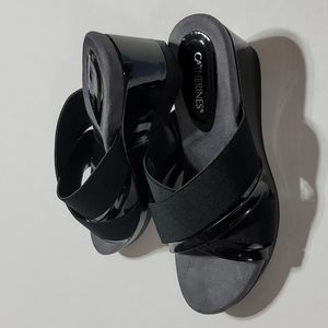 COPY- CATHERINES PATENT LEATHER PLATFORMS BLACK SLIP ON WEDGES WOMEN SANDALS 10W